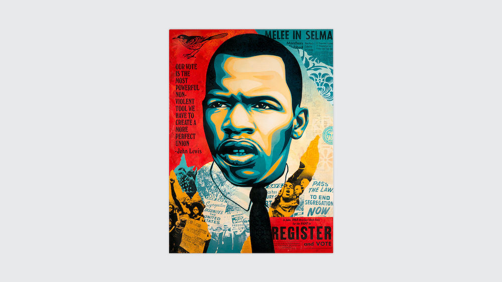  Shepard Fairey John Lewis - Good Trouble, 2020  Stencil, silkscreen, and collage on canvas  60 x 44 inches 152.4 x 111.8 cm Framed: 61 1/4 x 45 1/4 inches 155.6 x 114.9 cm   Signed recto and verso  Certificate of Authenticity      Courtesy Shepard and Amanda Fairey