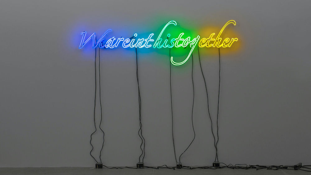 Tavares Strachan We Are in This Together (Multi), 2019  Neon and transformers  16 x 73 x 3/8 inches 40.6 x 185.4 x 0.8 cm   Edition of 9, 1 of 2 AP  Certificate of Authenticity     Courtesy the artist and Marian Goodman Gallery