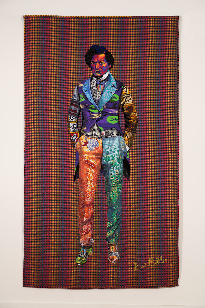 Bisa Butler, The Storm, the Whirlwind, and the Earthquake, 2020. Cotton, silk, wool, and velvet quilted and appliqué, 50 x 88 x 2 in. Courtesy Claire Oliver Gallery, New York