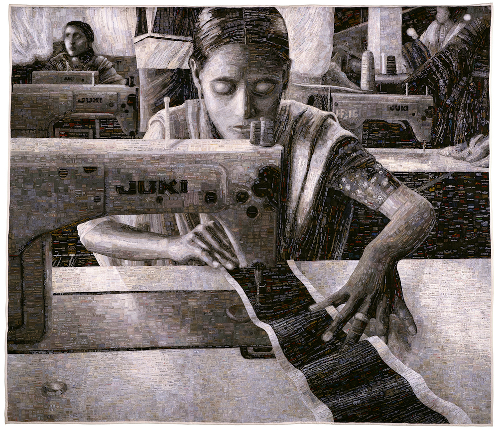 Therese Agnew, Portrait of a Textile Worker, Shorewood, WI, 2002, clothing labels, thread, fabric backing. 94 1/2 x 109 3.4 in. Image Credit: Museum of Arts and Design, New York; purchase with funds provided by private donors, 2006 Photo: Peter DiAntoni