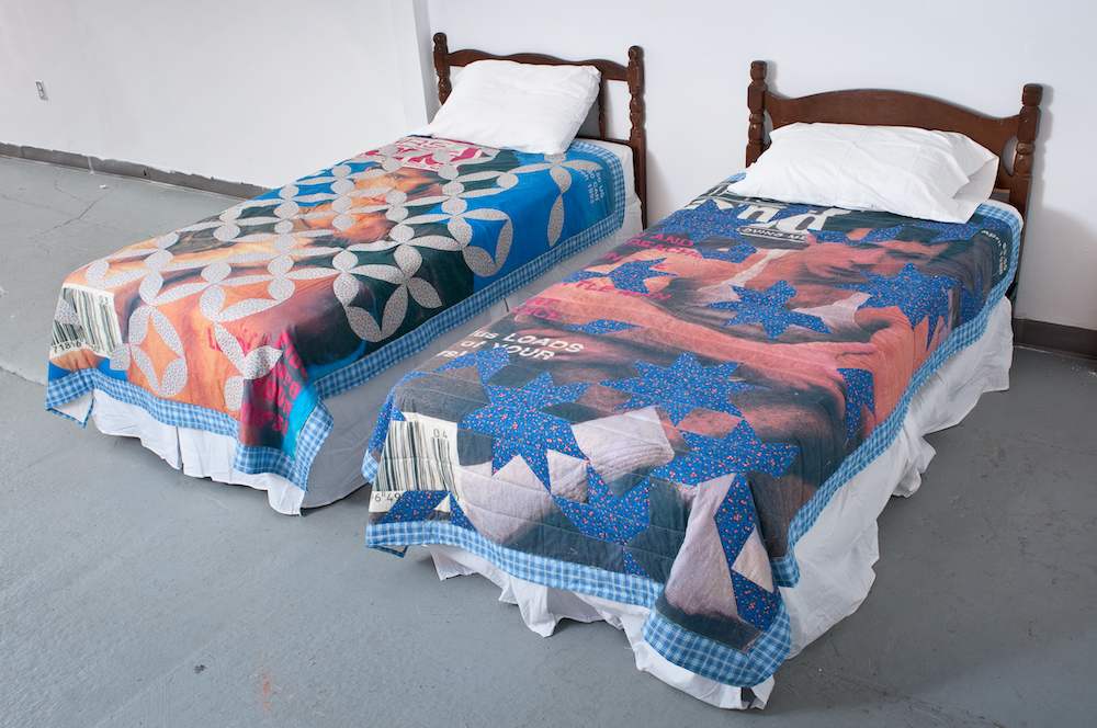 Aaron McIntosh, Twin Beds (Little Big Man & Bedroom Buddies), 2015-2020, quilting; digital textile print on cotton broadcloth, cotton batting, cotton muslin, thread, embroidery floss, 60 x 72 x 1 in. each, Image Credit: Courtesy of the Artist, Aaron McIntosh