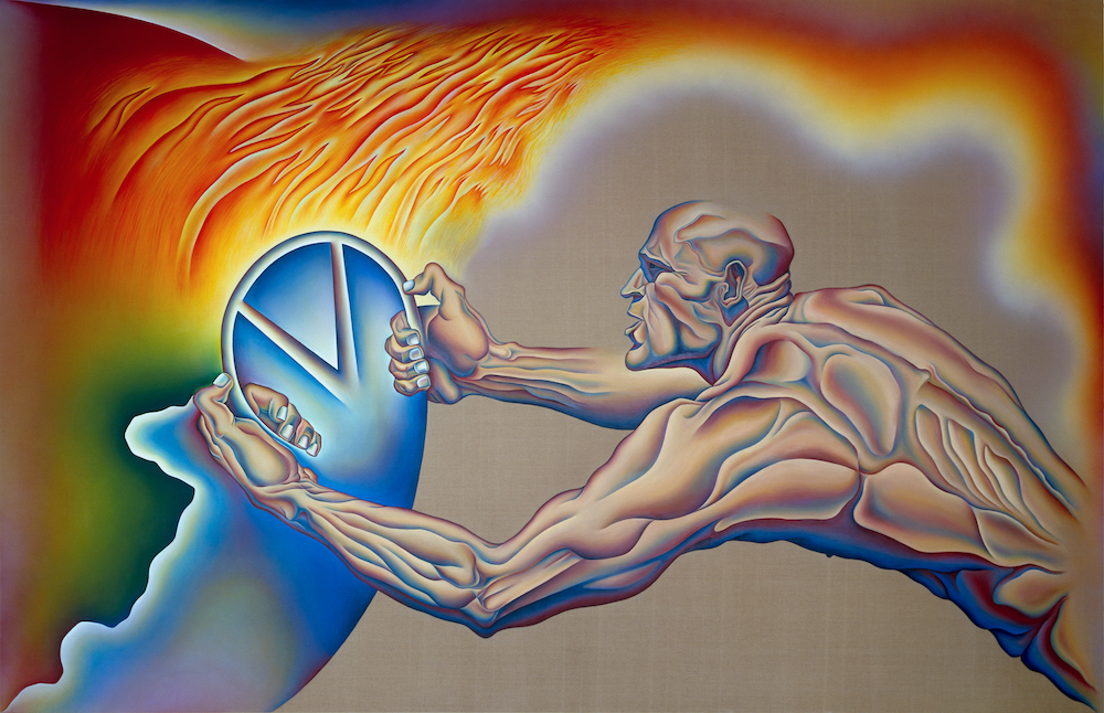 "Driving the World to Destruction", from the series "PowerPlay", 1985. Sprayed acrylic and oil on Belgian linen, 108 x 168 in. (274.3 x 426.7 cm). Courtesy of the artist; Salon 94, New York; and Jessica Silverman, San Francisco. © Judy Chicago / Artists Rights Society (ARS), New York. Photograph © Donald Woodman / ARS, NY  Image provided courtesy of the Fine Arts Museums of San Francisco