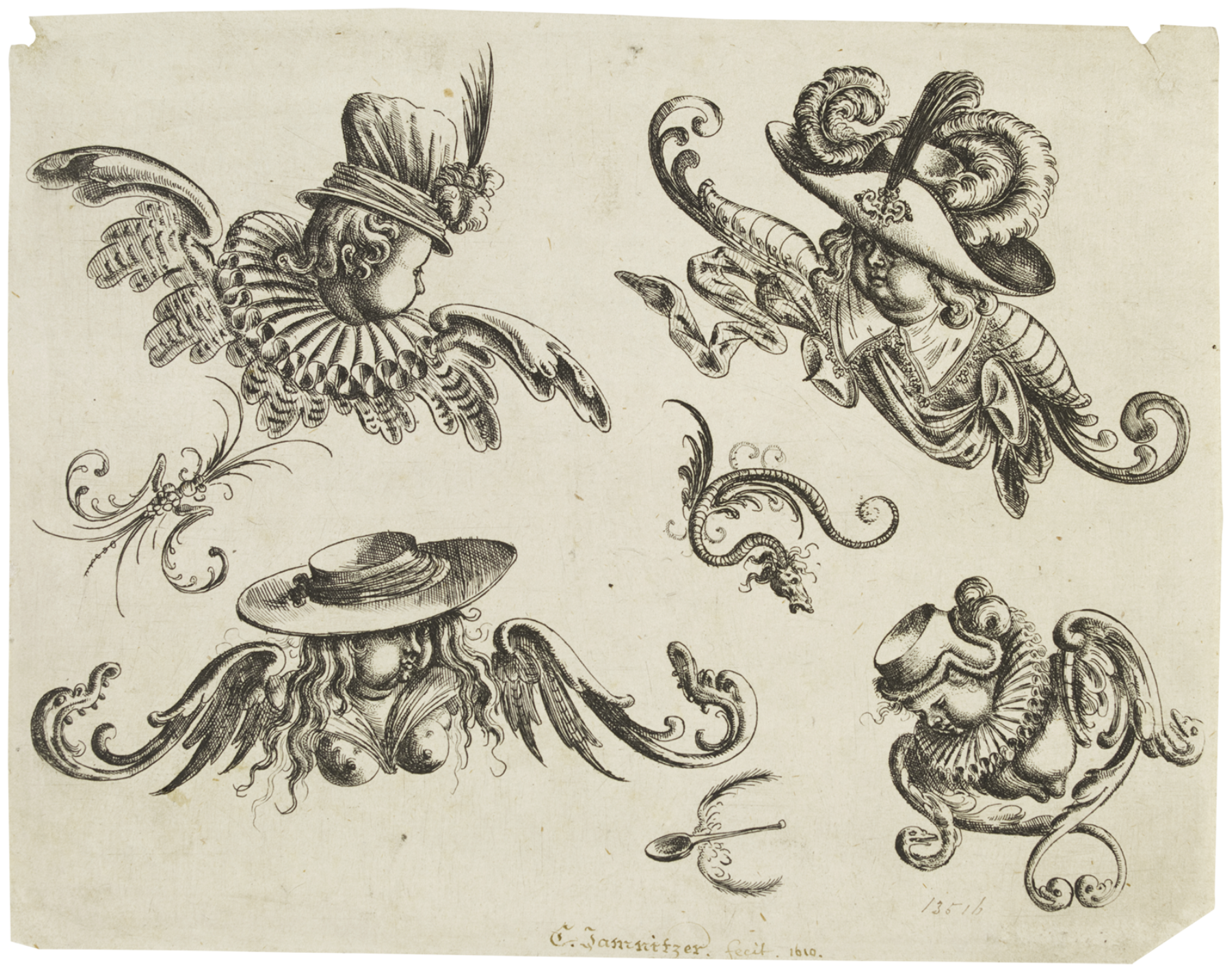 Christoph Jamnitzer, Das Neuw Grottesken Buch (The New Book of Grotesques), 1573–1610. Etching, 5 5/8 x 7 1/4 inches (14.3 x 18.3 cm) Victoria and Albert Museum, London, Ⓒ Victoria and Albert Museum, London.