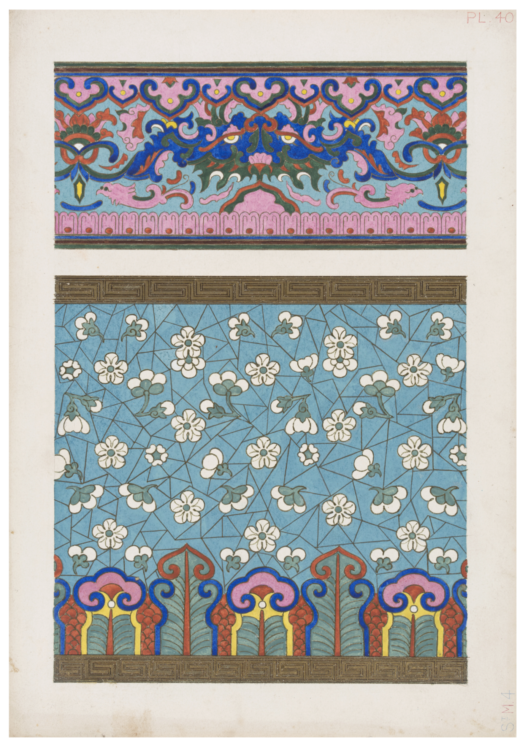 Owen Jones, Designs (1 of 51) for publication in Examples of Chinese Ornament (London, 1867) (Plates 10, 40, 56), 1866–67. Paper, gouache, gold paint, drawing, 13 1/2 x 9 1/2 inches (34.3 x 24.1 cm) each. Victoria and Albert Museum, London. Purchased with the support of the National Heritage Memorial Fund, Art Fund, V&A Members and The Belvedere Trust, ⒸVictoria and Albert Museum, London.