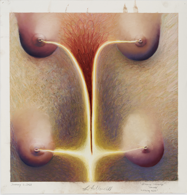 Four breasts in pink-purple, red, and yellow, January 6, 2021. Soft pastel on paper, 20 x 20”. © Loie Hollowell. Courtesy of Pace Gallery. Photo: Melissa Goodwin.