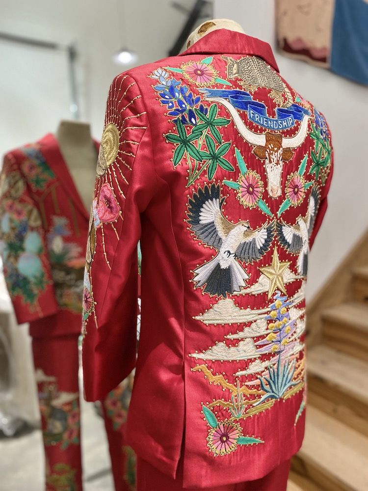 Fort Lonesome, Custom chain stitched western “Texas” suit, 2020 Silk/wool, wool thread, rhinestones Lent by Gordon Clark and Kate Bowman