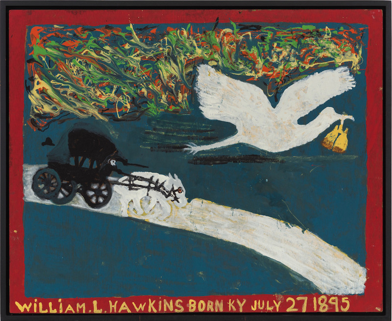 William Hawkins (1895-1990) Title Carriage with Stork, n.d. 41 x 50 inches Enamel on Masonite Courtesy Ricco/Maresca, New York