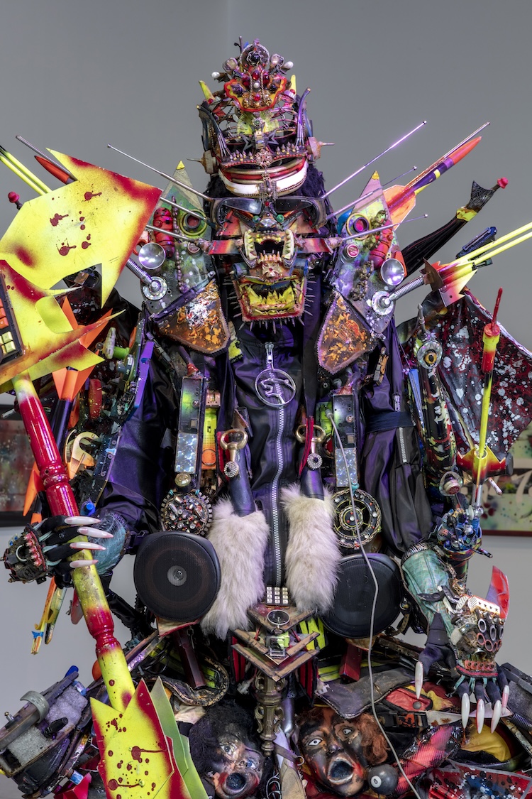Rammellzee, The Gasholear (THE RAMM:ELL:ZEE), 1987–1998  180 pound exoskeleton of The RAMM:ELL:ZEE (found objects, wireless sound system, paint and resin) Dimensions variable  Photo by Joshua White.  Courtesy of the Estate of Rammellzee and Jeffrey Deitch, New York and Los Angeles