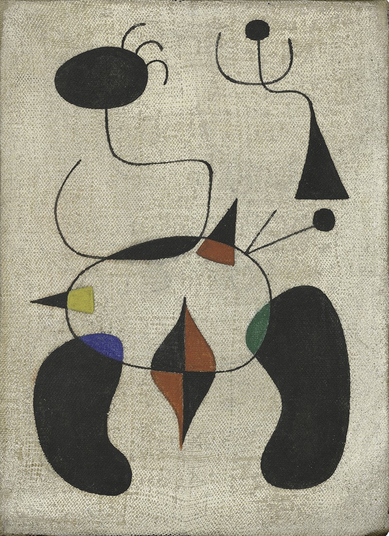 Joan Miró, Femme et oiseau (Woman and Bird), 1944, oil on canvas; 8 3/4 x 6 1/4 in. (22.23 x 15.88 cm). The Fine Arts Collection, Jan Shrem and Maria Manetti Shrem Museum of Art, University of California, Davis. Fractional gift to the Jan Shrem and Maria Manetti Shrem Museum of Art and San Francisco Museum of Modern Art from Jan Shrem and Maria Manetti Shrem. © Successió Miró / Artists Rights Society (ARS), New York / ADAGP, Paris 2024. Photograph: Katherine Du Tiel.