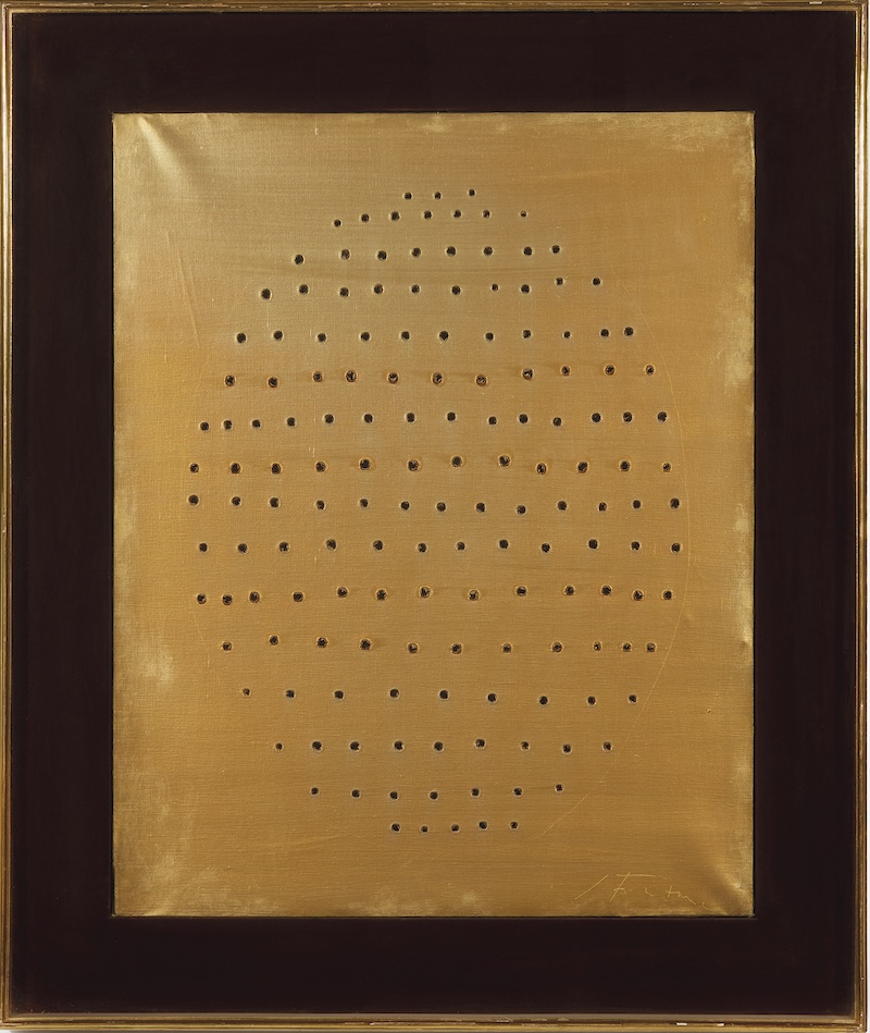 Lucio Fontana, Concetto Spaziale (Gold) (Spatial Concept (Gold)), 1966–67, oil on canvas. 31 7/8 x 24 ½ in. The Fine Arts Collection, Jan Shrem and Maria Manetti Shrem Museum of Art, University of California, Davis. Fractional gift to the Jan Shrem and Maria Manetti Shrem Museum of Art and San Francisco Museum of Modern Art from Jan Shrem and Maria Manetti Shrem. © 2024 Artists Rights Society (ARS), New York / SIAE, Rome.