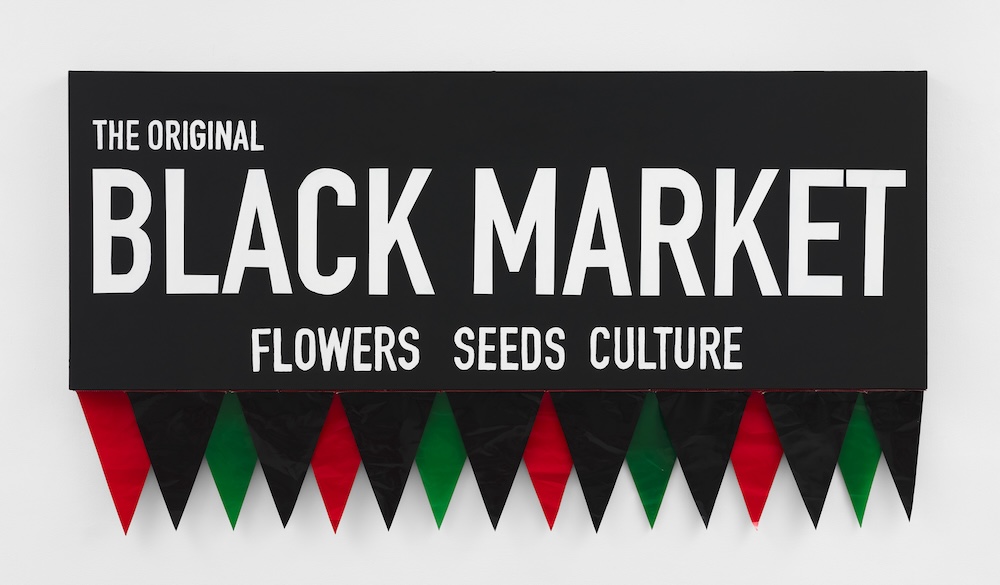 Black Market, 2024 Acrylic on canvas and plastic banner flags 52 3/4 x 96 inches