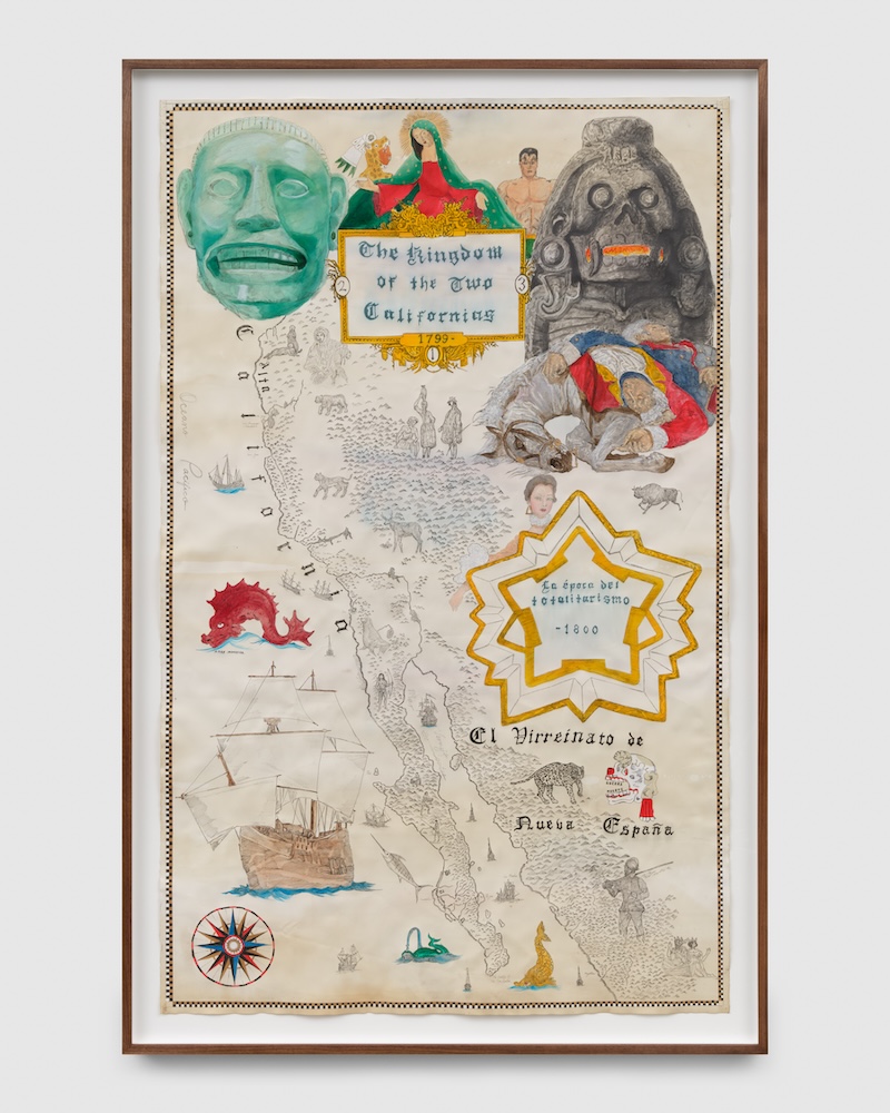 The West Coast is the Best Coast. Or, Map of the Two Californias, 2024 Acrylic, ink, coffee, and tea on paper 71 1/2 x 44 1/2 inches (181.6 x 113 cm) 77 1/8 x 50 1/4 x 2 inches framed (195.9 x 127.6 x 5.1 centimeters) Photo: Hannah Mjølsnes (Filename for internal reference:// All images: © 2024 Umar Rashid; Courtesy of the artist and BLUM Los Angeles, Tokyo, New York