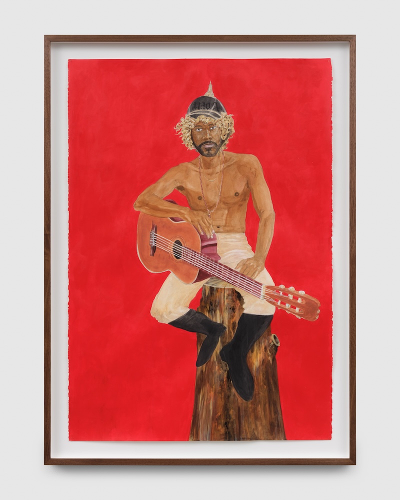 “Easy” Ezekiel, the troubadour prince., 2024 Acrylic and ink on paper 44 x 30 1/4 inches (111.8 x 76.8 centimeters) Framed 49 1/8 x 35 5/8 x 2 inches (124.8 x 90.5 x 5.1 centimeters) Photo: Hannah Mjølsnes // All images: © 2024 Umar Rashid; Courtesy of the artist and BLUM Los Angeles, Tokyo, New York