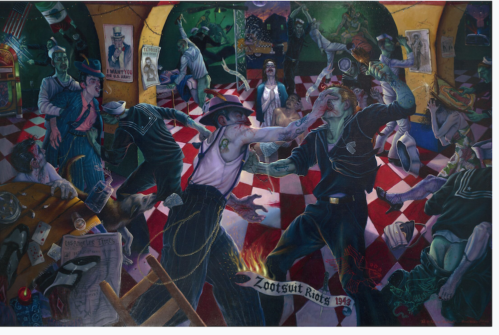 Kill the Pachuco Bastard!, 2000. Oil on canvas, 48 x 72 in. Collection of Cheech Marin and The Cheech Marin Center for Chicano Art & Culture of the Riverside Art Museum, California.