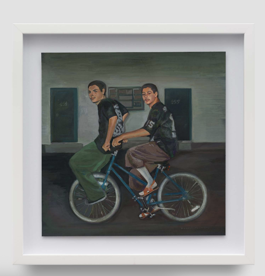 Fotos y recuerdos: Mr. Solo y Mr. Rascal on Ellsworth Court, Summer of 1999 Soft pastel, gouache, and graphite on paper 10.5 x 10.5 inches 2024 // All images courtesy Charlie James Gallery, Los Angeles and the artist