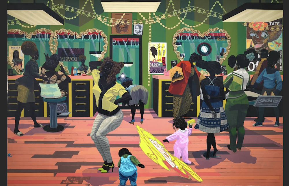 School of Beauty, School of Culture, 2012 Acrylic and glitter on unstretched canvas. 274.3 x 401.3 cm. Birmingham Museum of Art, Alabama. © Kerry James Marshall. Courtesy of the artist and Jack Shainman Gallery, New York. Photo: Sean Pathasema