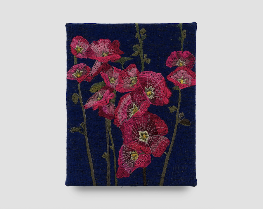 Malva Loca at Night Polyester thread on denim 14 x 11 inches 2025 // All images courtesy of the artist and Charlie James Gallery, Los Angeles