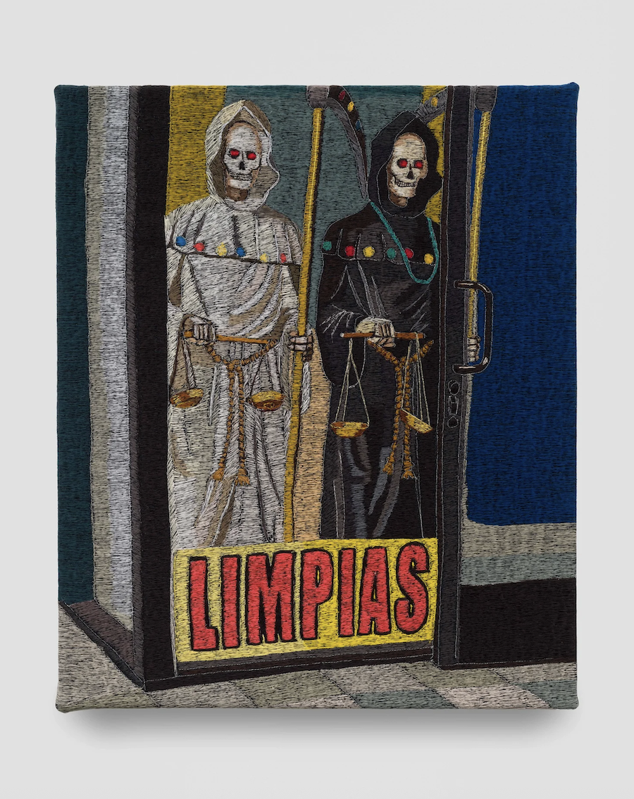 Limpias Polyester thread on denim 24 x 20 inches 2025 // All images courtesy of the artist and Charlie James Gallery, Los Angeles