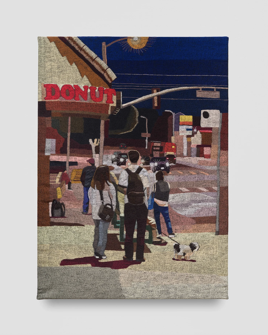 Bus Stop/ Night angels Polyester thread on denim 48 x 35 inches 2025 // All images courtesy of the artist and Charlie James Gallery, Los Angeles