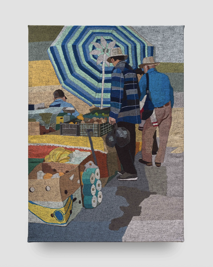 El Sol sale para todos/ fruits of labor Polyester thread on denim 50 x 36 inches 2025 // All images courtesy of the artist and Charlie James Gallery, Los Angeles