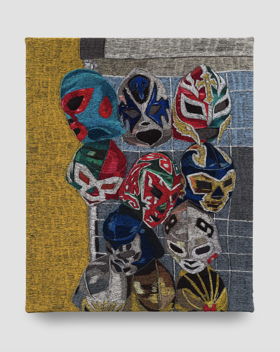 Muchas Caras Polyester thread on denim 24 x 20 inches 2025 // All images courtesy of the artist and Charlie James Gallery, Los Angeles