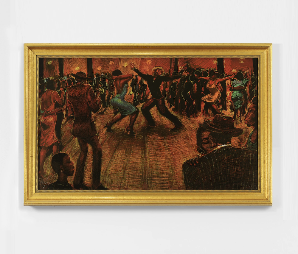 Saturday Night 1, 2007 Signed and dated recto Oil, pastel crayon, and china marker on masonite 24 x 40 inches