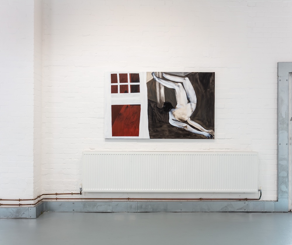 Shadi Al-Atallah, TO WARP, TO WRAP, 2025. Acrylic, charcoal, ink and chinagraph pencil, 100 x 165 x 4 cm. Photograph: Richard Ivey. Courtesy of the Artist and Elizabeth Xi Bauer, London.